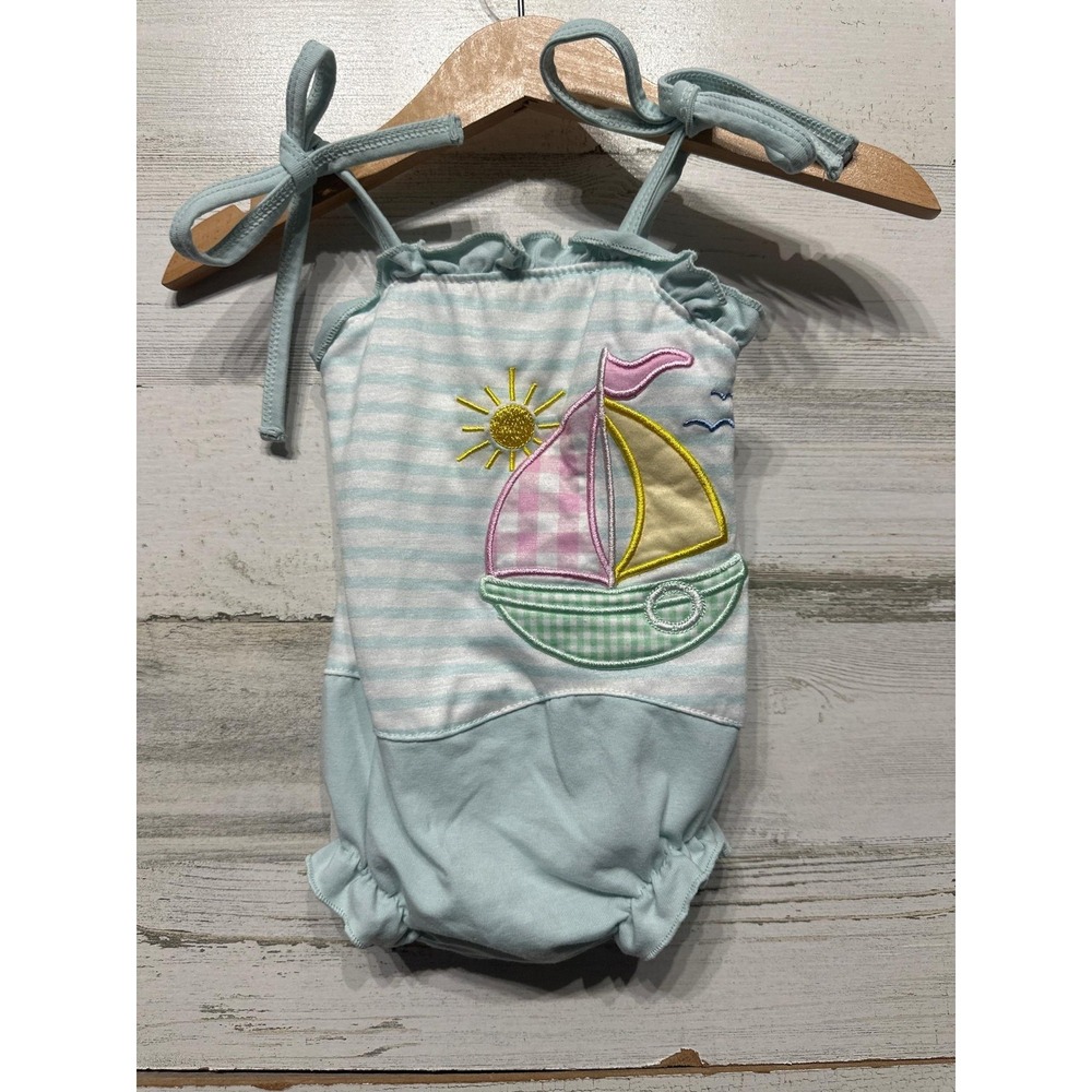 Abby & Evie Sailboat Romper Baby Girl 3M Blue Striped Nautical Sun EUC